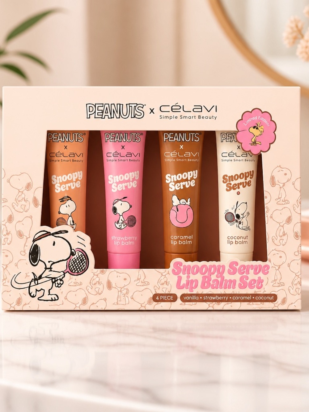 Peanuts x Célavi Snoopy Serve 4 Pc Lip Balm Gift Set Limited Edition